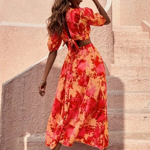 Boho Vacay Floral Cut Out Waist Puffed Sleeve Maxi Dress orange - Picture 3 of 6